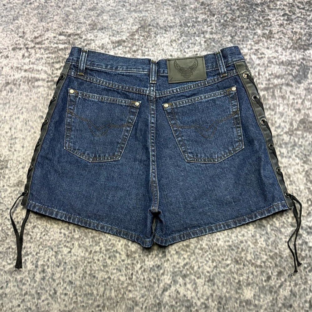 VTG Harley Davidson Shorts Denim Womens 31" Blue Side Lace Up High Waisted Biker